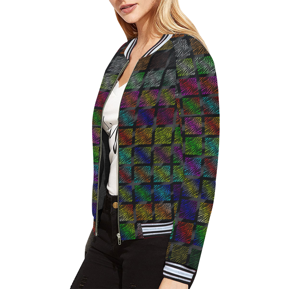 Ripped SpaceTime Stripes Collection All Over Print Bomber Jacket for Women (Model H21)