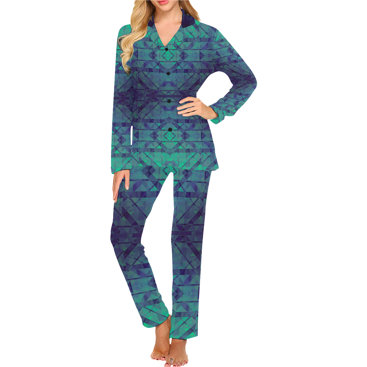 Modern Blue Geometric Design Pattern Women's Long Pajama Set