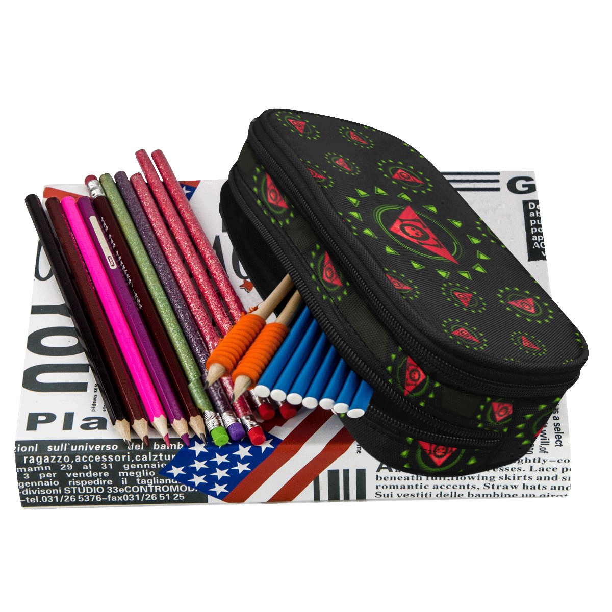 The Lowest of Low Trinagle Skull Roses Pencil Pouch/Large (Model 1680)
