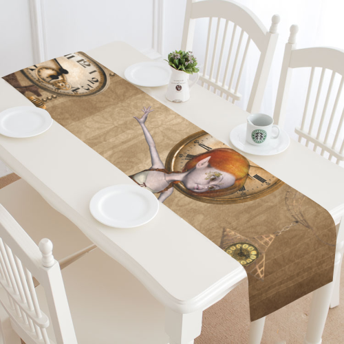 Steampunk girl, clocks and gears Table Runner 16x72 inch