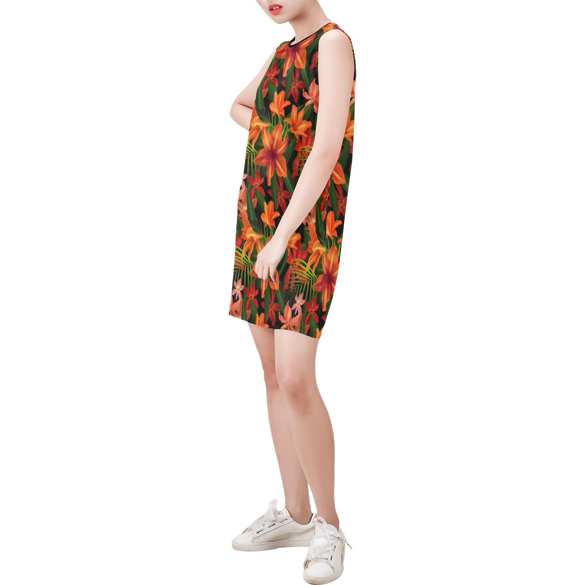 Amaryllis Floral Sleeveless Round Neck Shift Dress (Model D51)