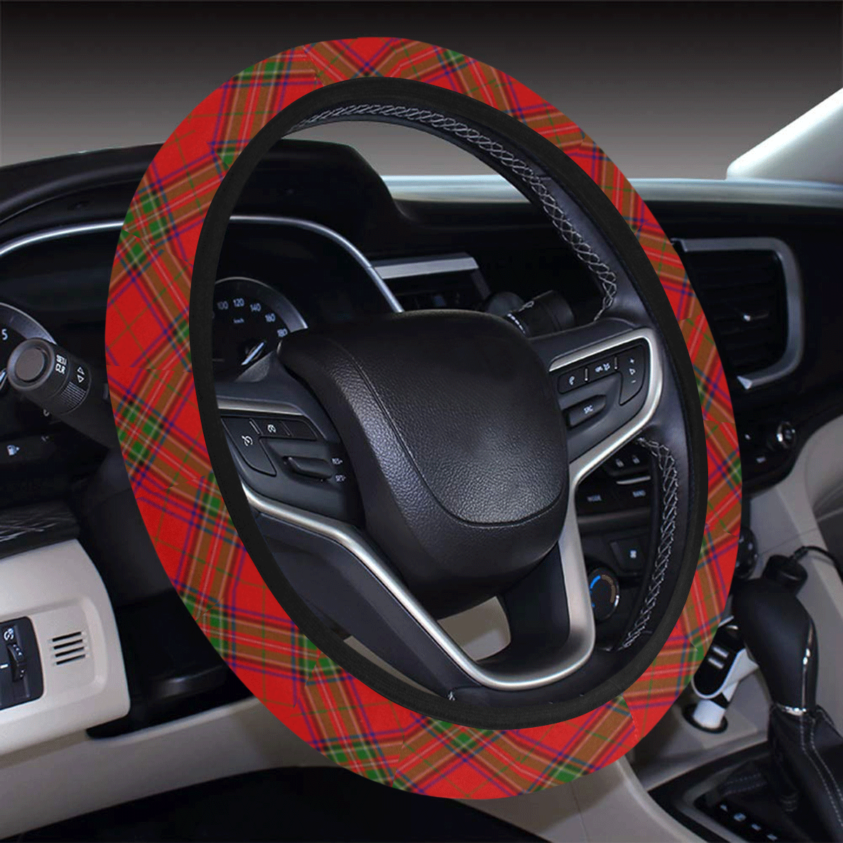 Red Tartan Plaid Pattern Steering Wheel Cover with Elastic Edge