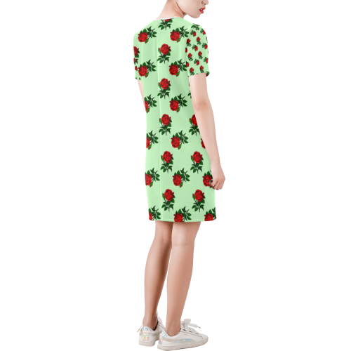 red roses green Short-Sleeve Round Neck A-Line Dress (Model D47)