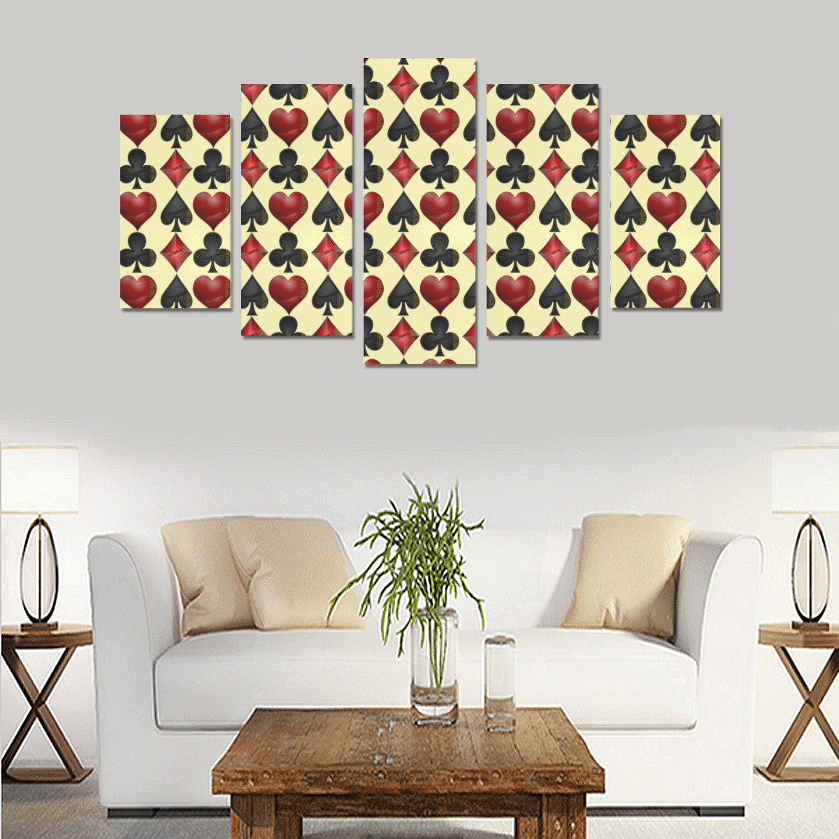 Las Vegas Black and Red Casino Poker Card Shapes on Yellow Canvas Print Sets A (No Frame)