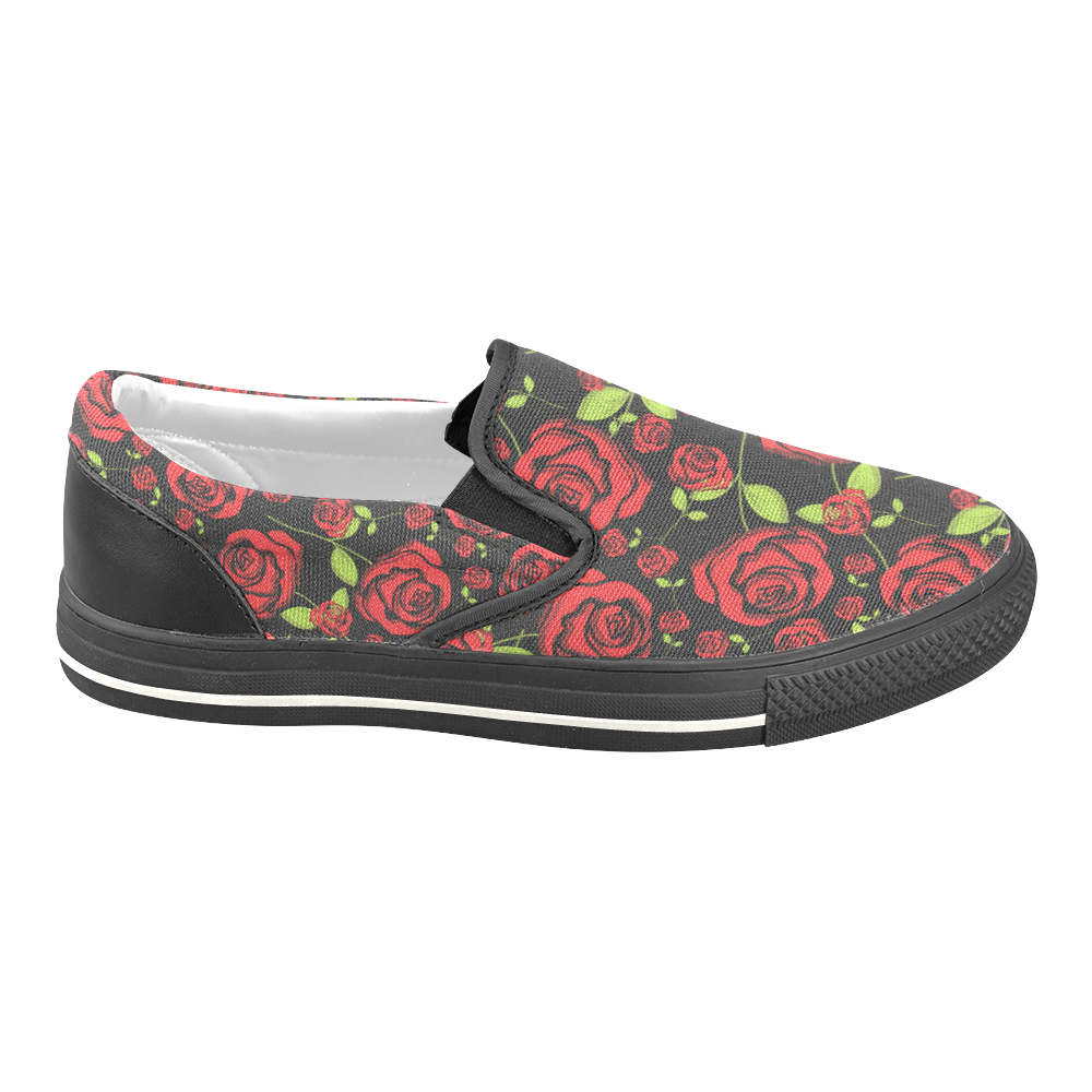 Red Roses on Black Women's Unusual Slip-on Canvas Shoes (Model 019)