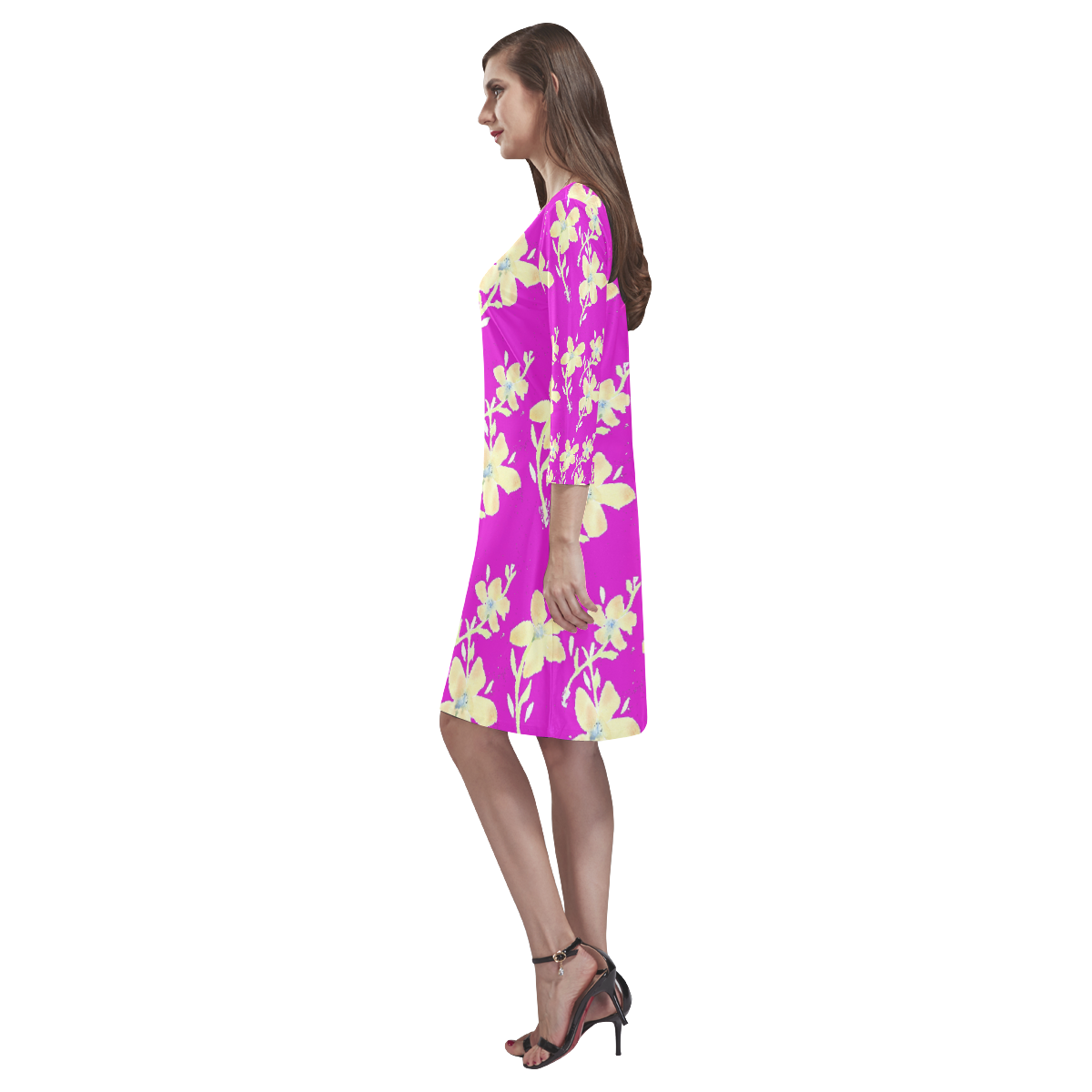 Lilac Dress With Yellow Flower Design Rhea Loose Round Neck Dress(Model D22)