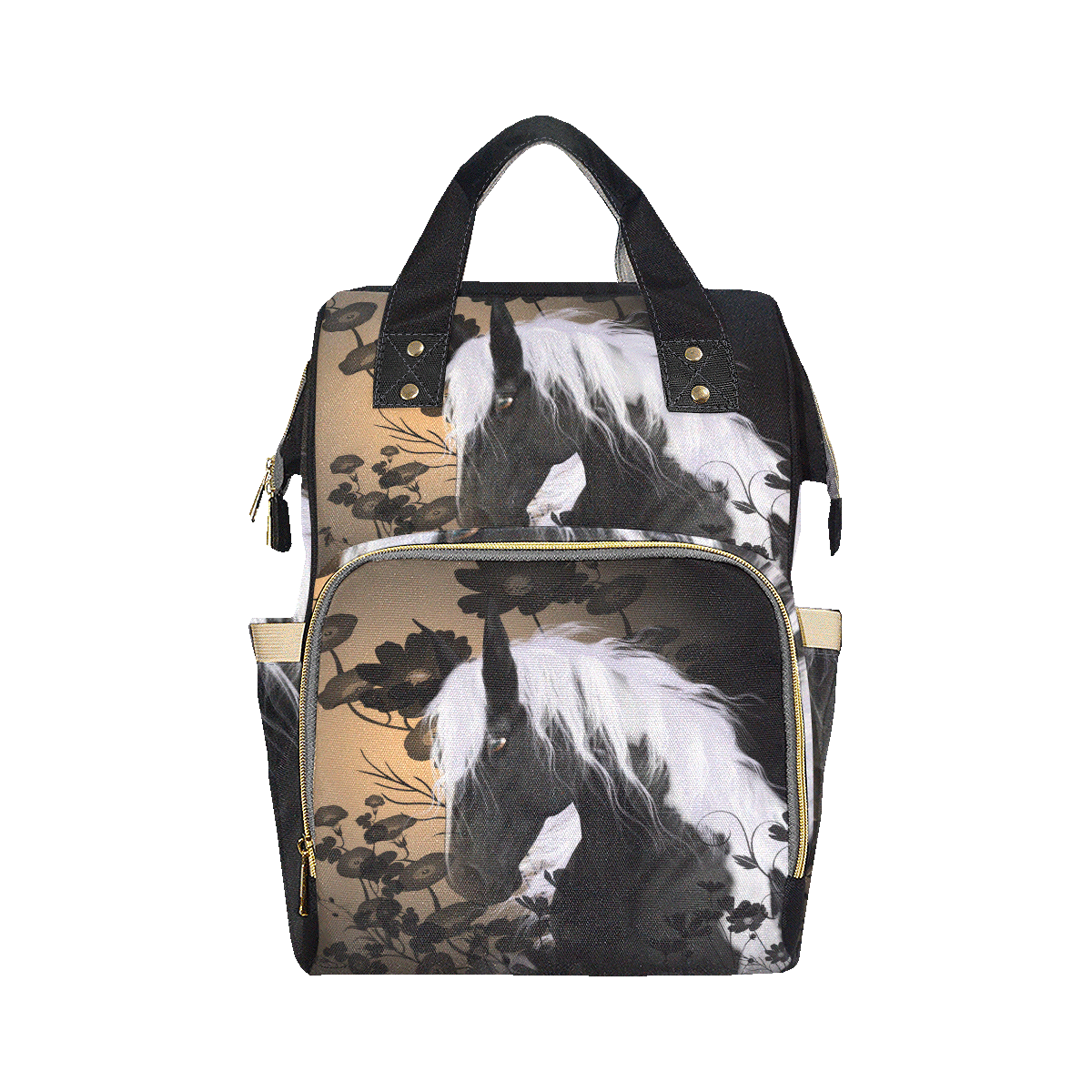 Wonderful black horse with white mane Multi-Function Diaper Backpack/Diaper Bag (Model 1688)
