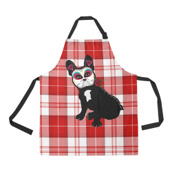 Sugar Skull Frenchie Red Plaid All Over Print Apron