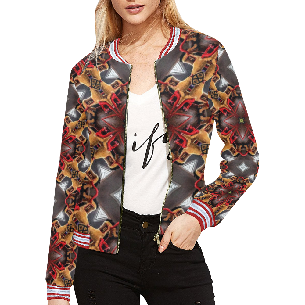 Burgundy Grey w/Gold Square Pattern All Over Print Bomber Jacket for Women (Model H21)