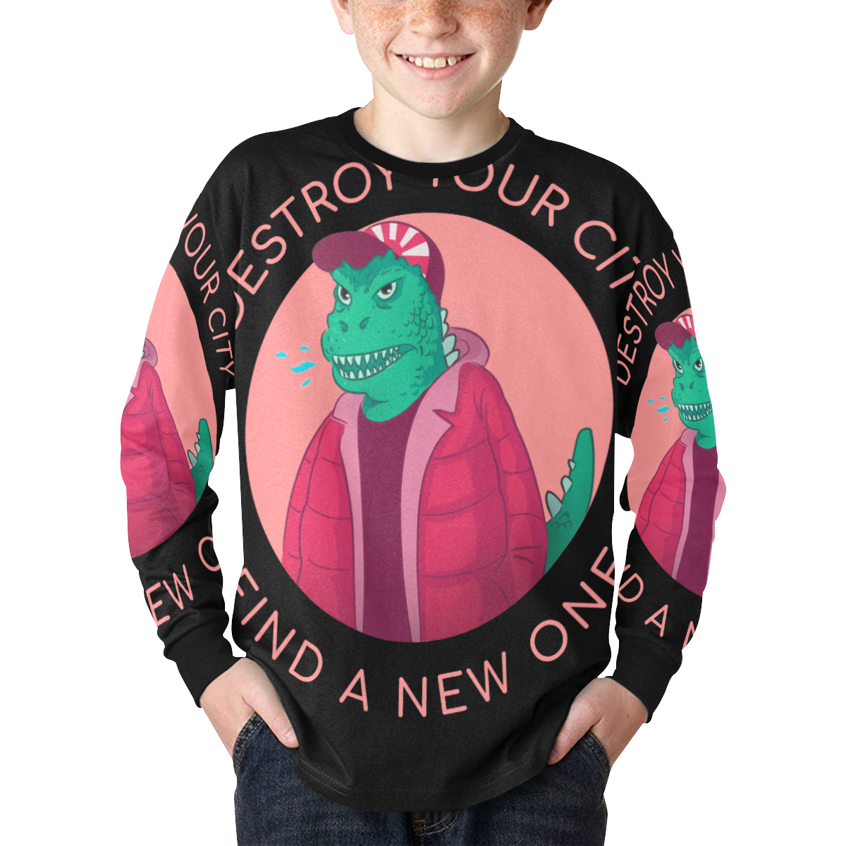 dinosaurio Kids' Rib Cuff Long Sleeve T-shirt (Model T64)