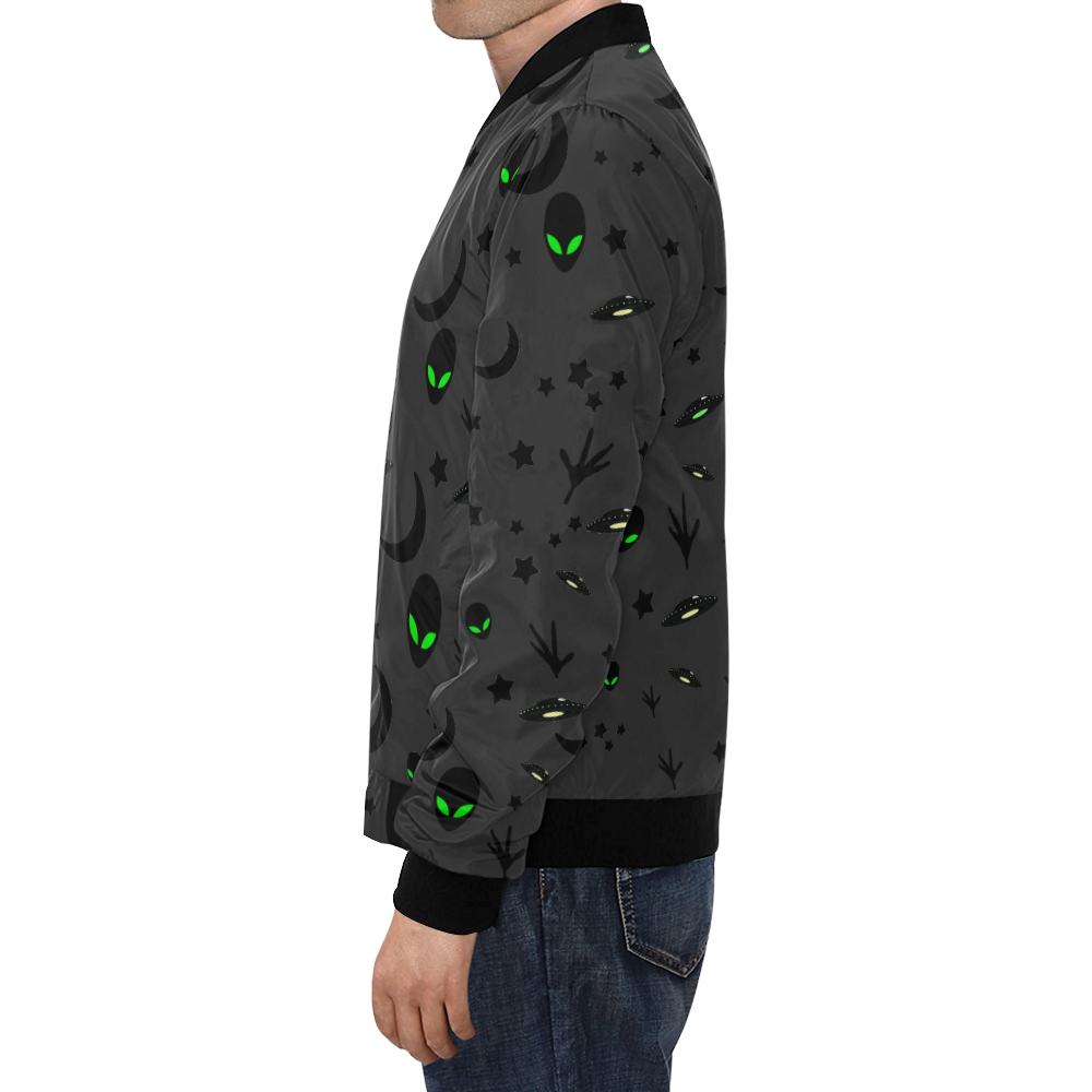 Alien Flying Saucers Stars Pattern on Charcoal All Over Print Bomber Jacket for Men/Large Size (Model H19)