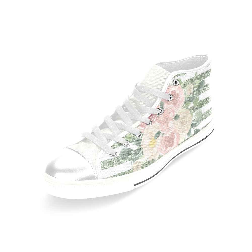 Green Pink Floral Shoes, Glitter Women's Classic High Top Canvas Shoes (Model 017)