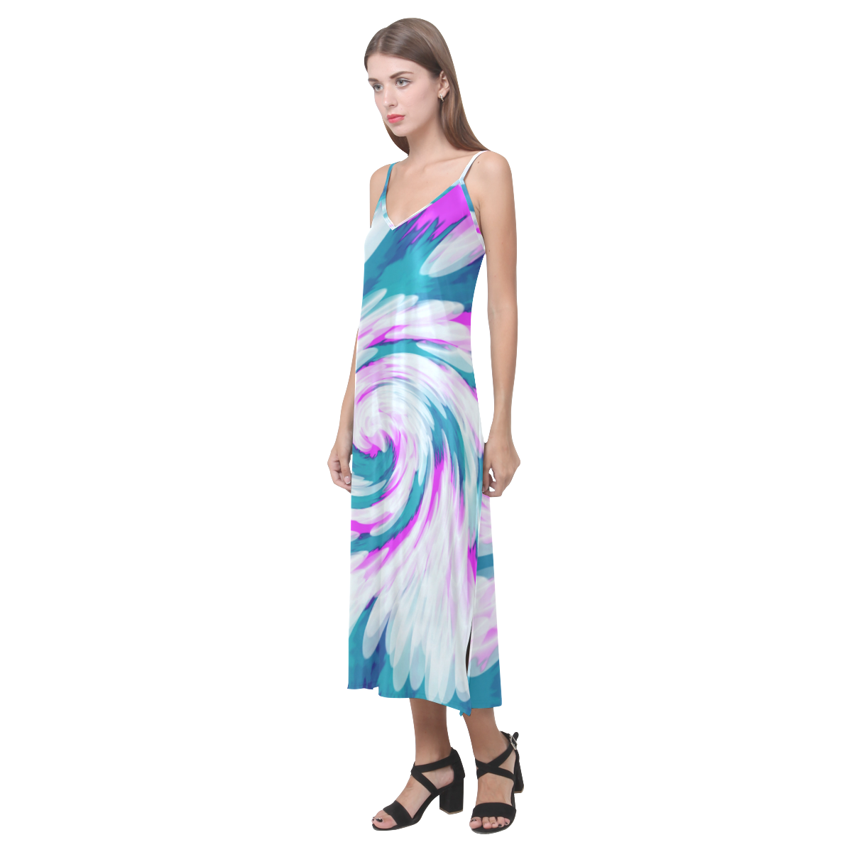 Turquoise Pink Tie Dye Swirl Abstract V-Neck Open Fork Long Dress(Model D18)