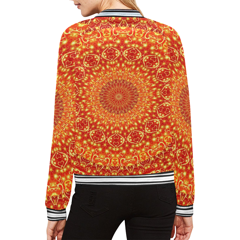 Love and Romance Golden Bohemian Hearts All Over Print Bomber Jacket for Women (Model H21)