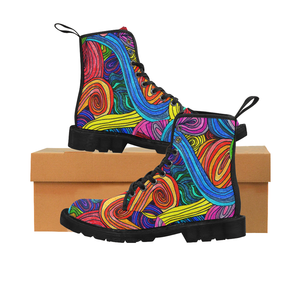 Psychedelic Lines Custom Canvas Boots for Men (Black) (Model 1203H)