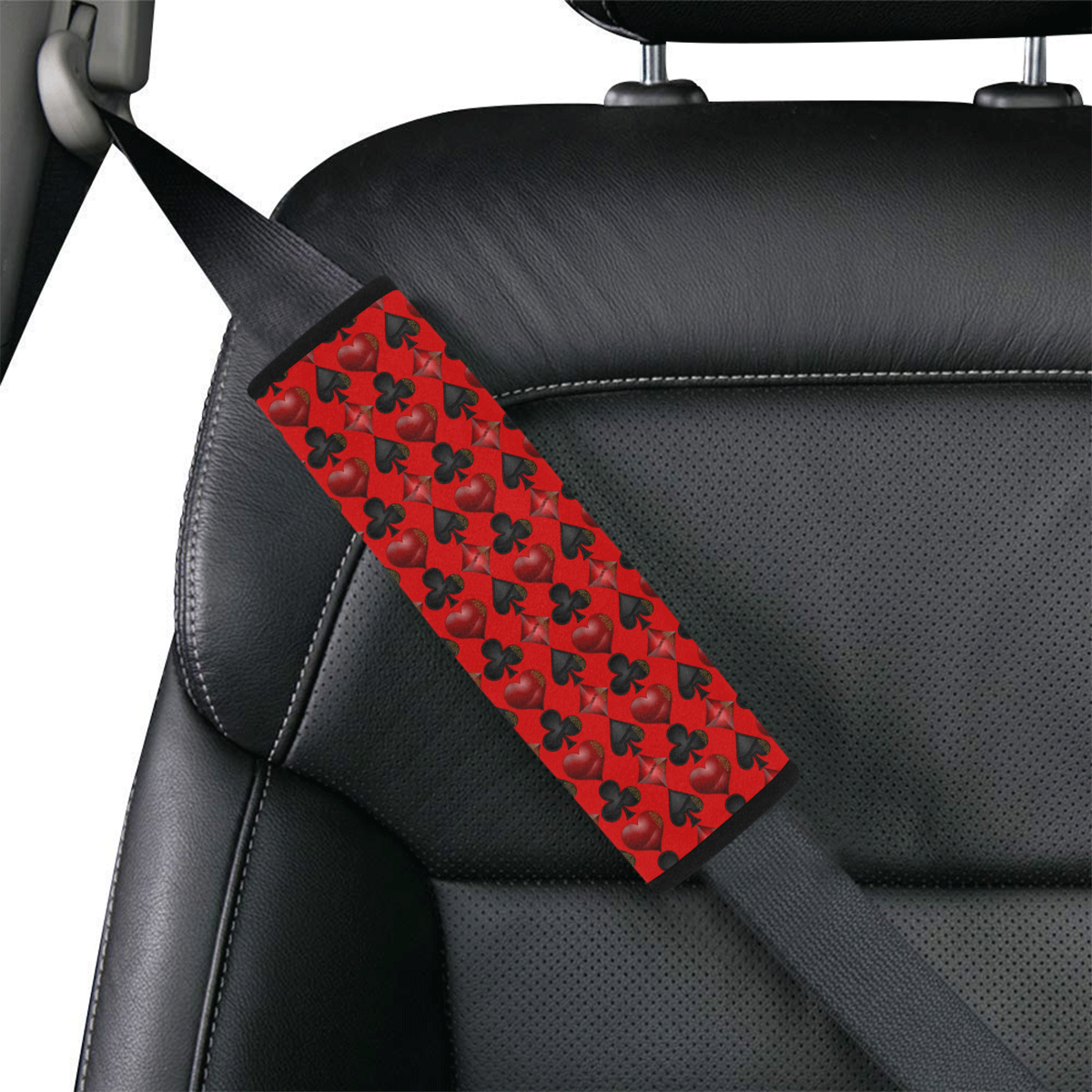 Las Vegas Black and Red Casino Poker Card Shapes on Red Car Seat Belt Cover 7''x8.5''