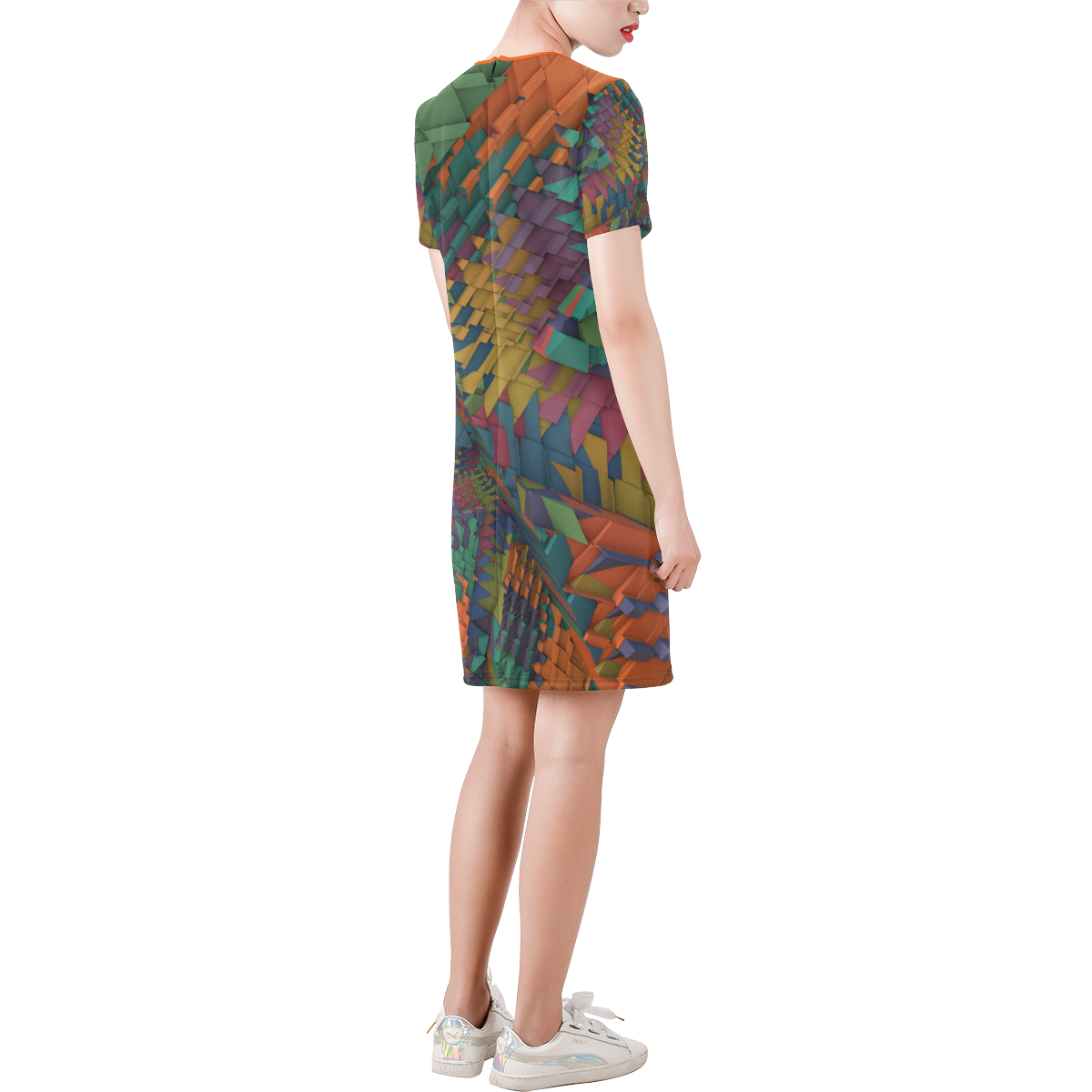 Shattered Short-Sleeve Round Neck A-Line Dress (Model D47)