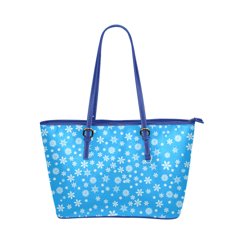 Christmas White Snowflakes on Light Blue Leather Tote Bag/Small (Model 1651)