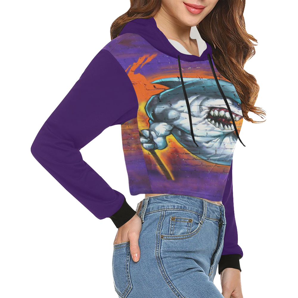 Graffiti Shark (Vest Style) All Over Print Crop Hoodie for Women (Model H22)