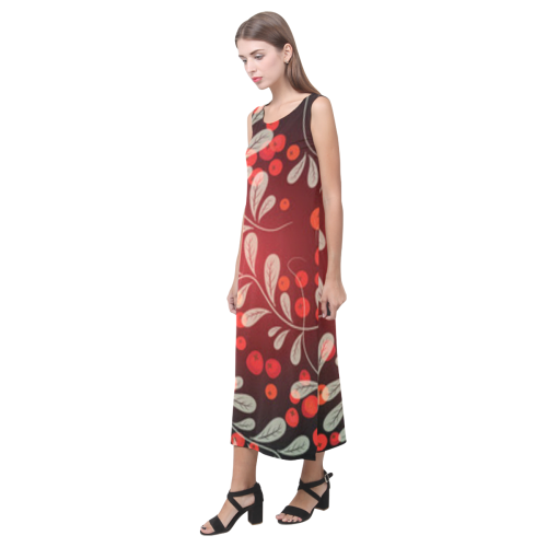 Formal red florals sleeveless long dress Phaedra Sleeveless Open Fork Long Dress (Model D08)