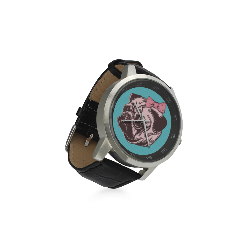 Girly Pug Unisex Stainless Steel Leather Strap Watch(Model 202)