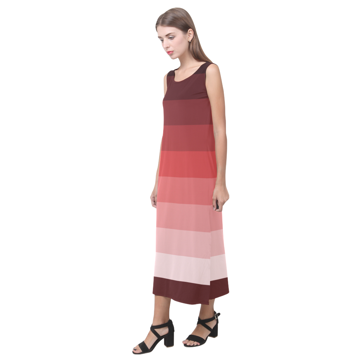 Copper multicolored stripes Phaedra Sleeveless Open Fork Long Dress (Model D08)