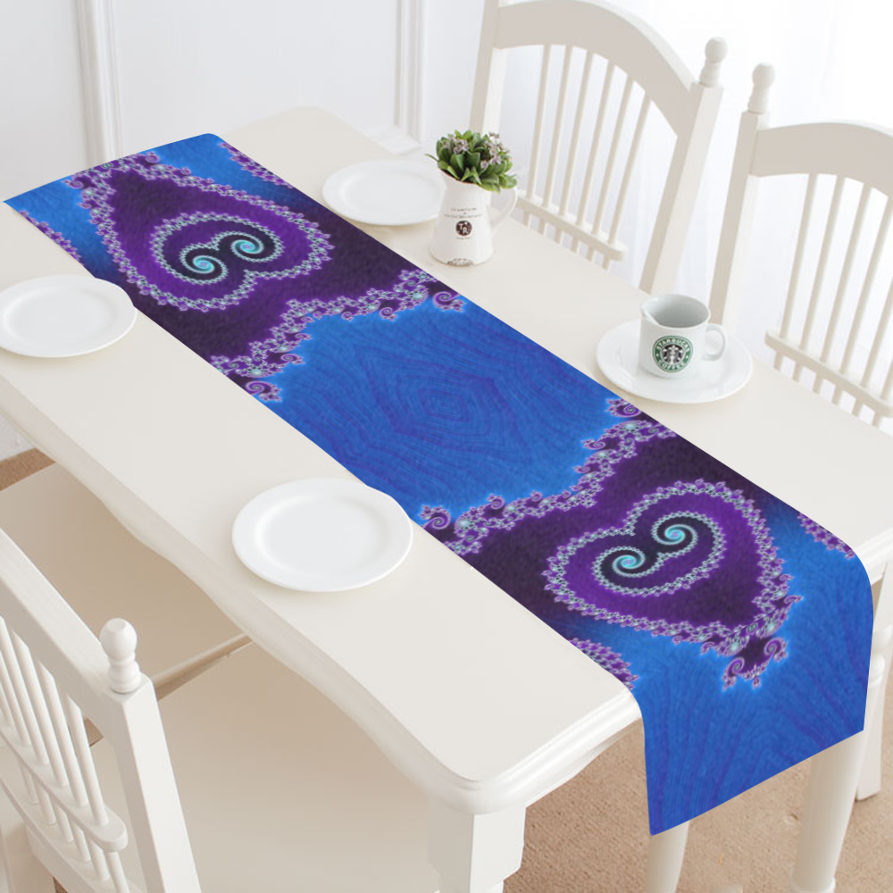 Blue Hearts and Lace Fractal Abstract 2 Table Runner 16x72 inch