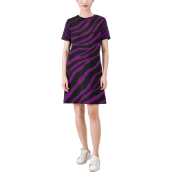 Ripped SpaceTime Stripes - Purple Short-Sleeve Round Neck A-Line Dress (Model D47)