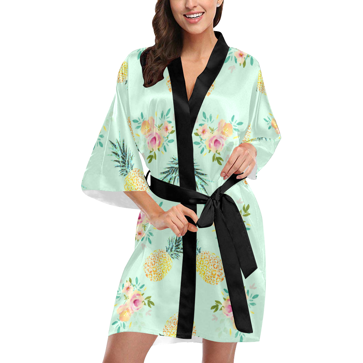 Mint, Pineapples & Flowers. Kimono Robe
