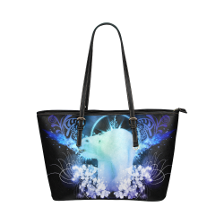 Amazing polar bear, blue flowers Leather Tote Bag/Small (Model 1651)