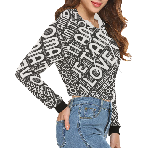 I LOVE YOU bw All Over Print Crop Hoodie for Women (Model H22)
