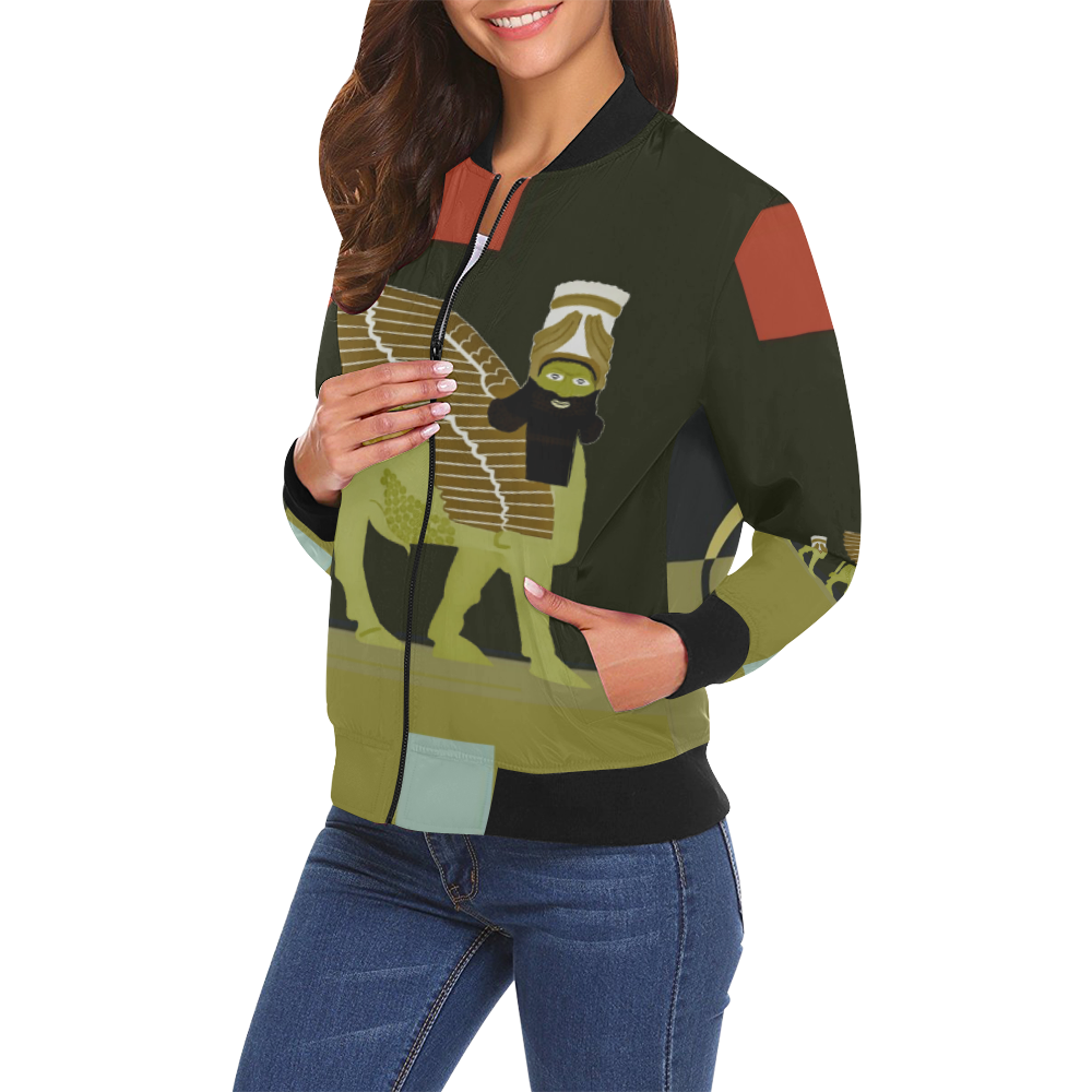 Elegant Green Lamassu All Over Print Bomber Jacket for Women (Model H19)