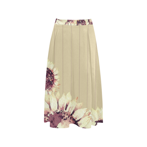 Sunflowers Stripes and Butterflies Yellow Burgundy Aoede Crepe Skirt (Model D16)
