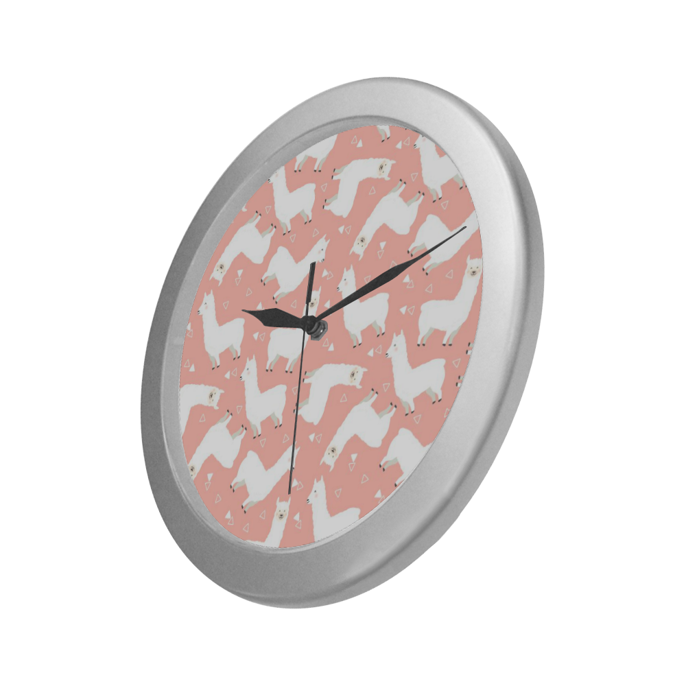 Pink Llama Pattern Silver Color Wall Clock