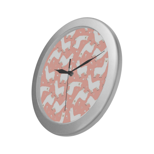Pink Llama Pattern Silver Color Wall Clock
