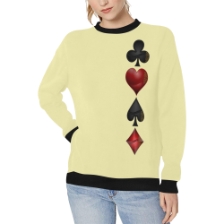 Las Vegas Black and Red Casino Poker Card Shapes  Black and Yellow Women's Rib Cuff Crew Neck Sweatshirt (Model H34)