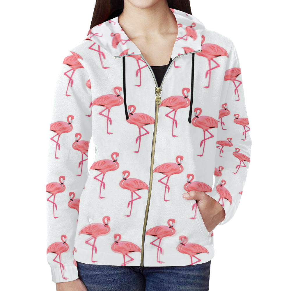 Classic Pink Flamingo Pattern All Over Print Full Zip Hoodie for Women (Model H14)