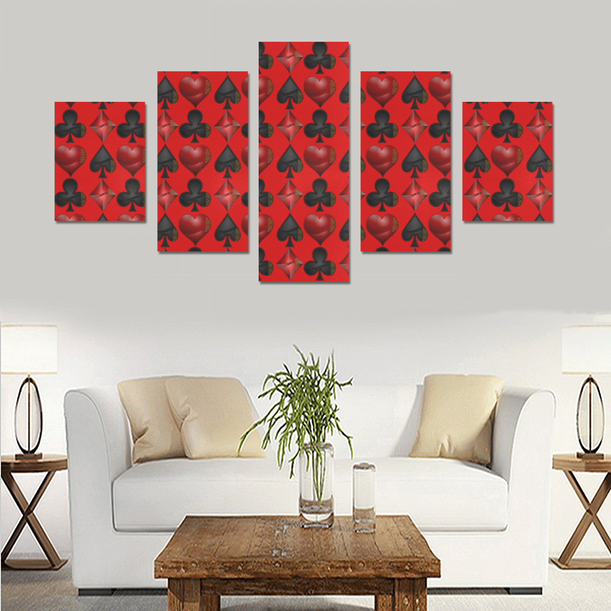 Las Vegas Black and Red Casino Poker Card Shapes on Red Canvas Print Sets B (No Frame)