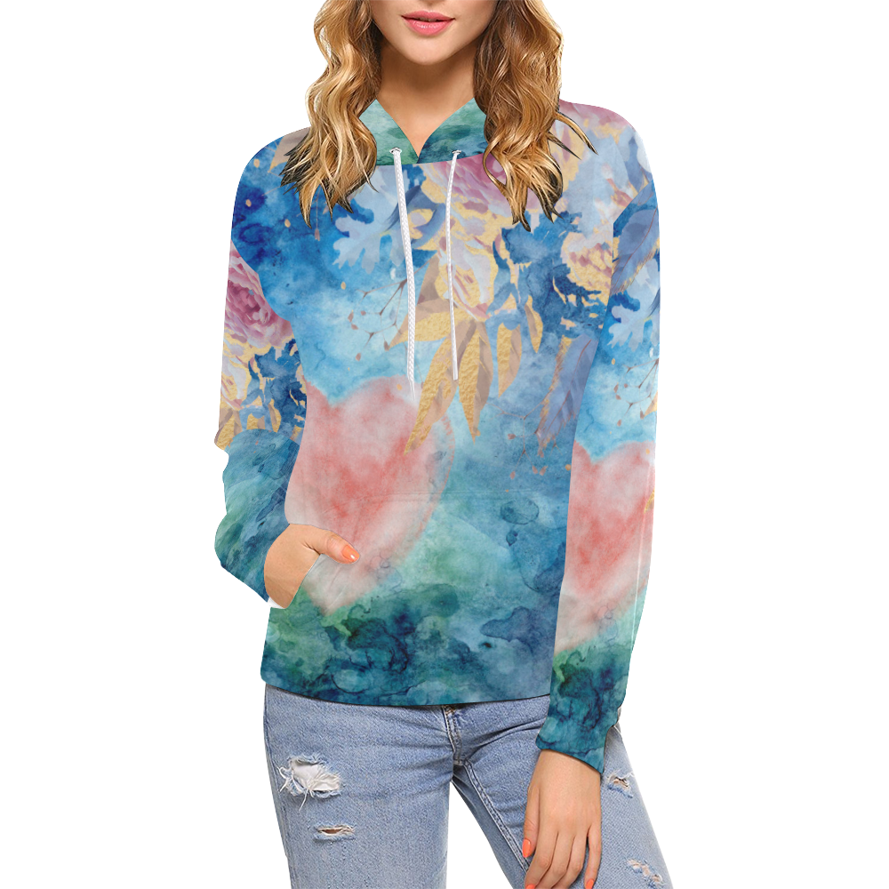 Heart and Flowers - Pink and Blue All Over Print Hoodie for Women (USA Size) (Model H13)