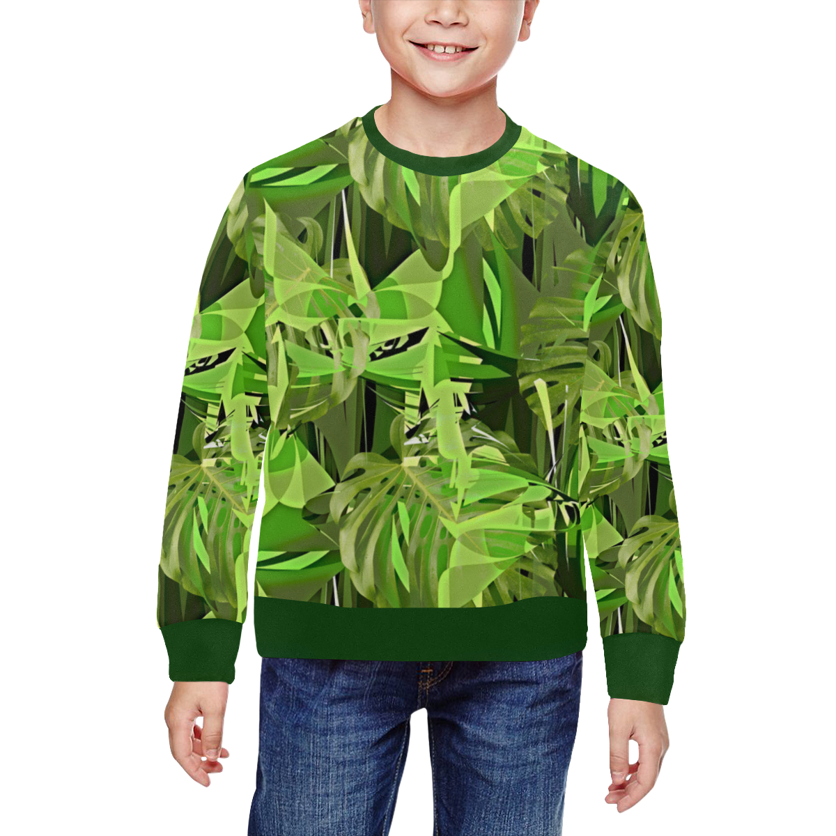 Tropical Jungle Leaves Camouflage All Over Print Crewneck Sweatshirt for Kids (Model H29)
