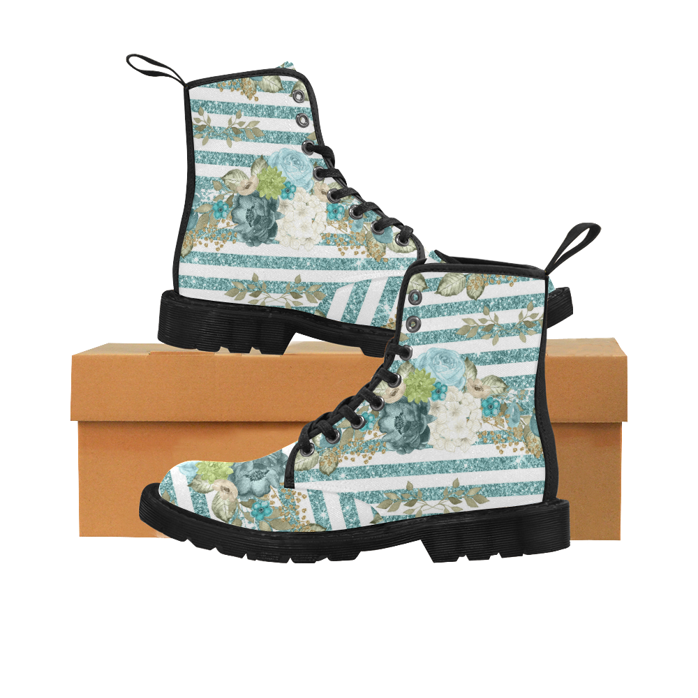 Teal Glitter Floral Boots, Glitter Stripes Martin Boots for Women (Black) (Model 1203H)