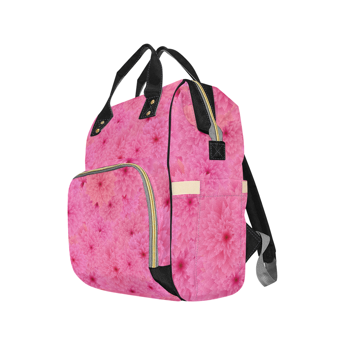 Stylized Pink Flowers Multi-Function Diaper Backpack/Diaper Bag (Model 1688)