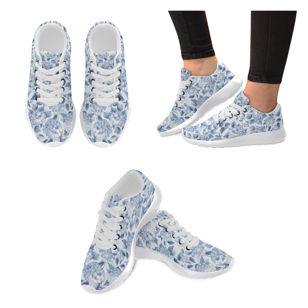 Blue and White Floral Pattern Women’s Running Shoes (Model 020)