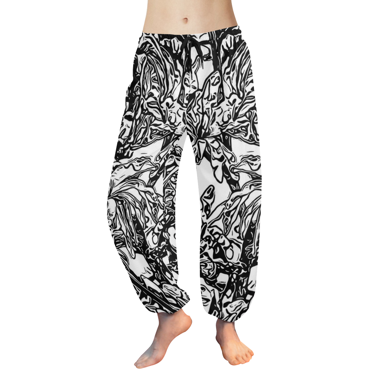 Inky Black and White Floral 2 by JamColors Women's All Over Print Harem Pants (Model L18)