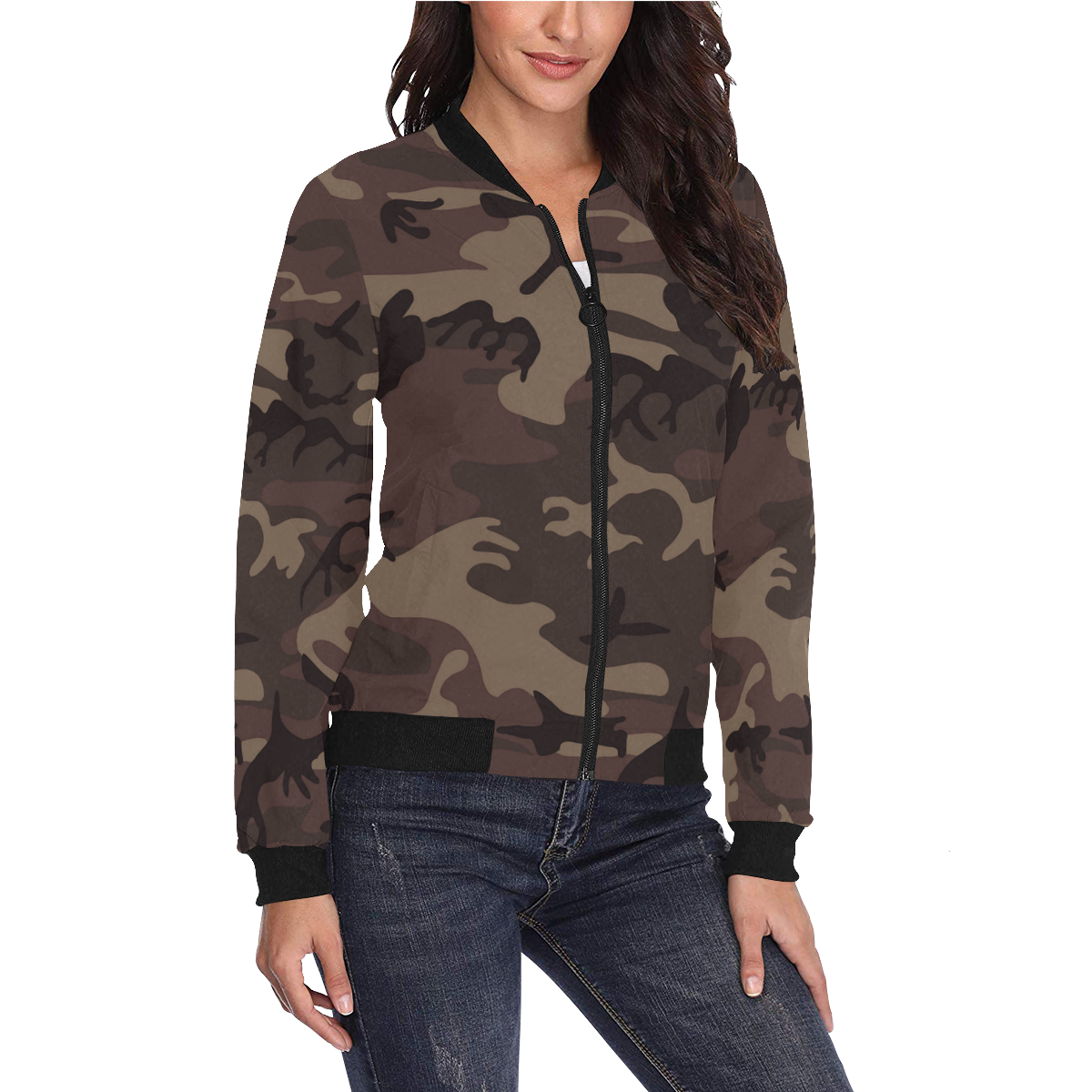 Camo Red Brown All Over Print Bomber Jacket for Women (Model H36)