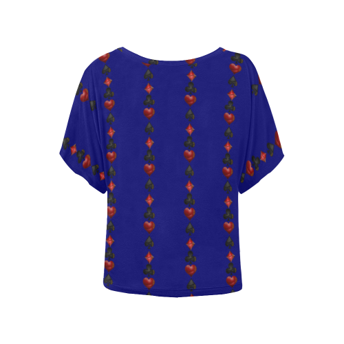 Las Vegas Black and Red Casino Poker Card Shapes on Blue Women's Batwing-Sleeved Blouse T shirt (Model T44)