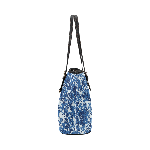 Digital Blue Camouflage Leather Tote Bag/Large (Model 1651)