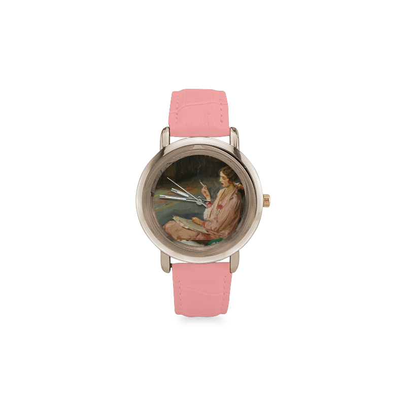 LADY WITH BOOK Women's Rose Gold Leather Strap Watch(Model 201)