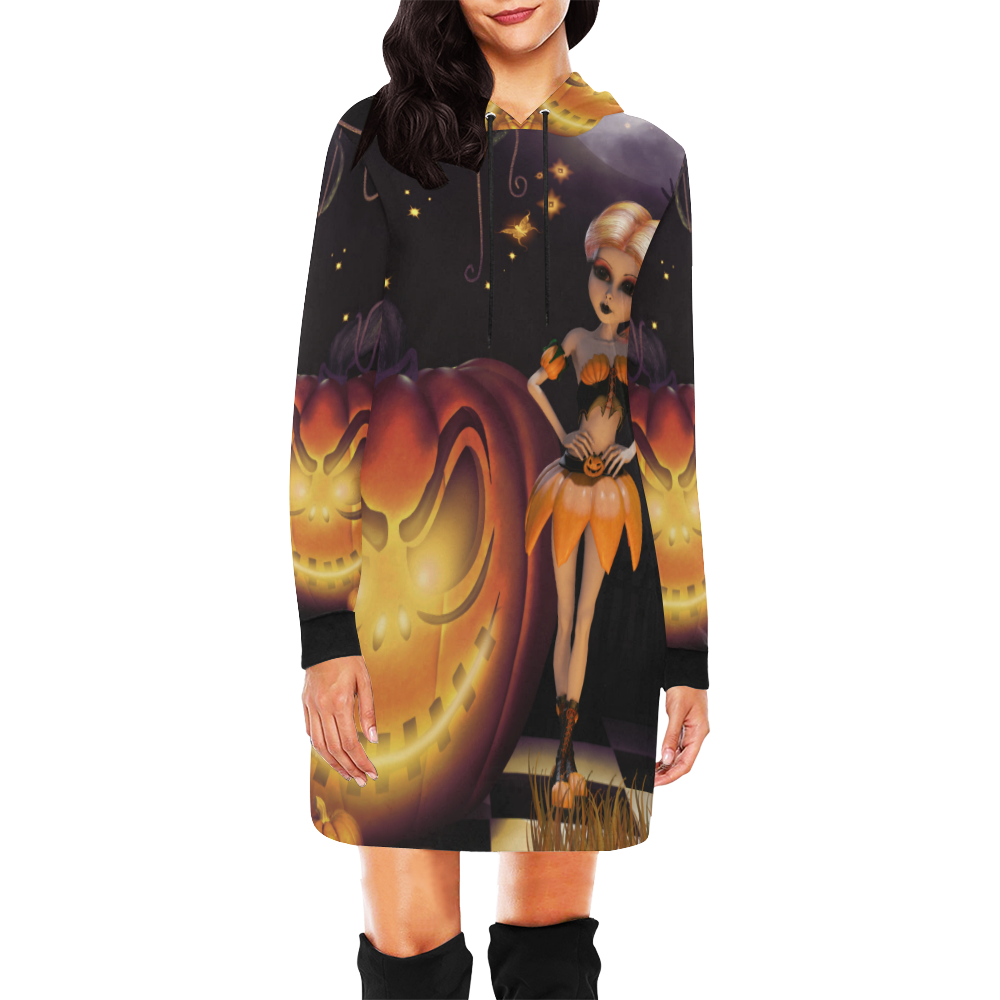 Halloween, girl with pumpkin All Over Print Hoodie Mini Dress (Model H27)
