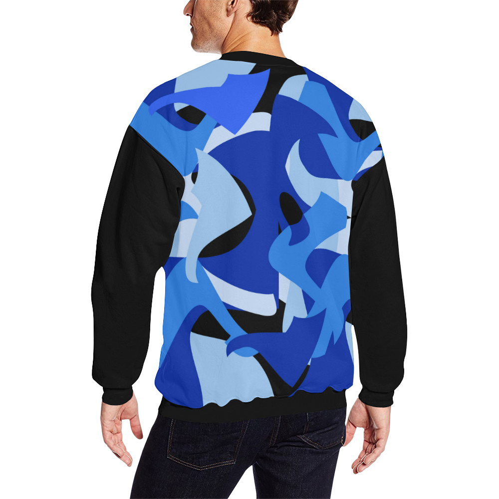 Camouflage Abstract Blue and Black (Vest Style) Black All Over Print Crewneck Sweatshirt for Men (Model H18)